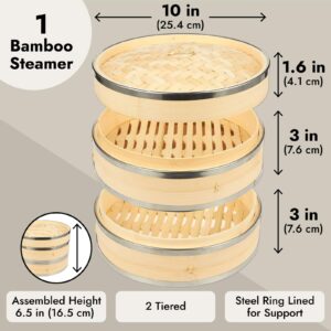 Juvale 2-Tier 10 Inch Bamboo Steamer Basket with Steel Rings - Large Capacity Dumpling, Vegetable Steamer Basket (10x6.5x10 in)