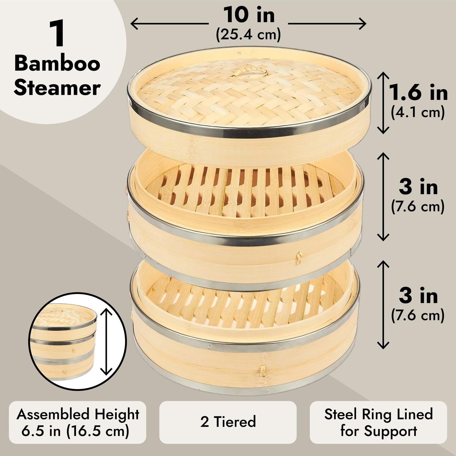 Juvale 2-Tier 10 Inch Bamboo Steamer Basket with Steel Rings - Large Capacity Dumpling, Vegetable Steamer Basket (10x6.5x10 in)