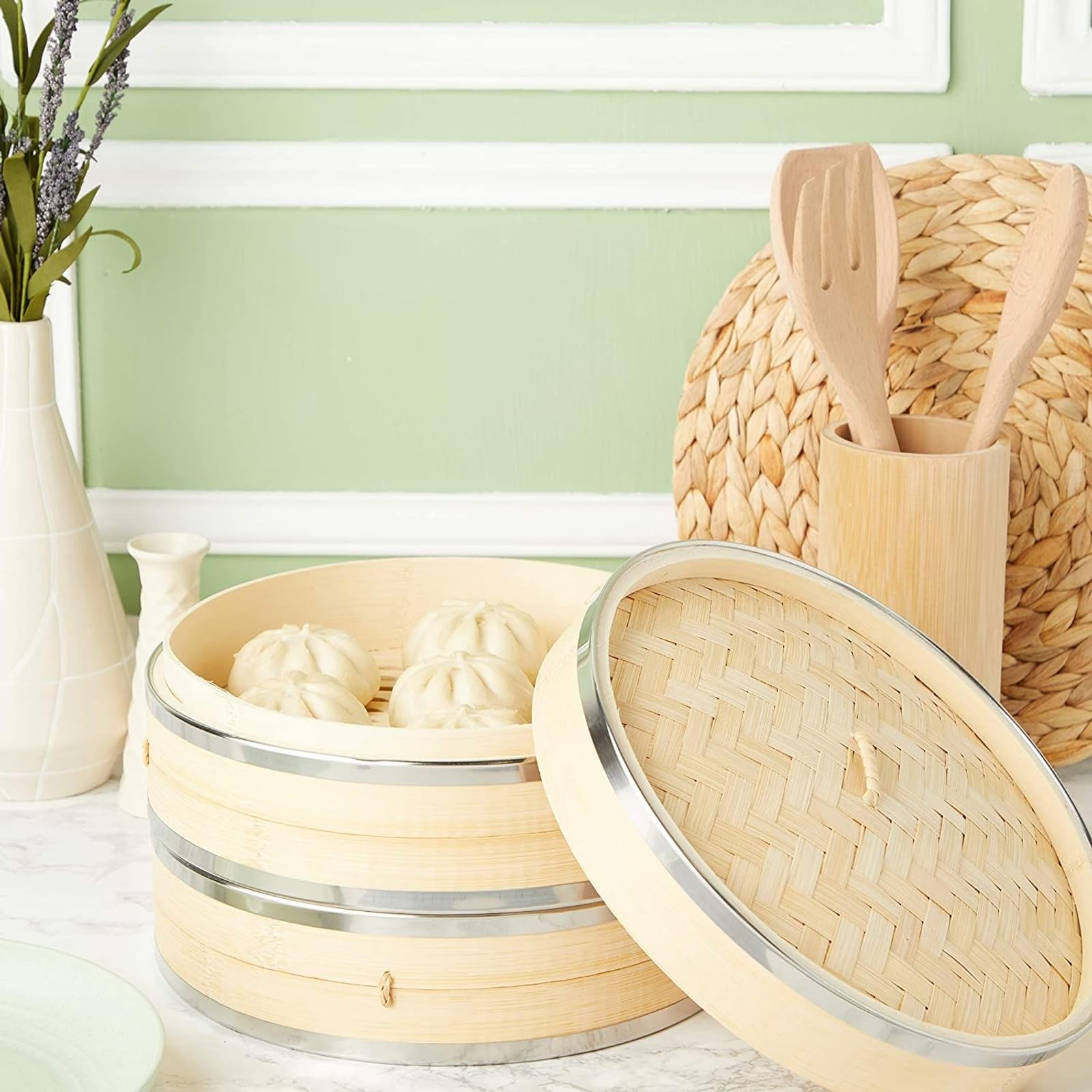 Juvale 2-Tier 10 Inch Bamboo Steamer Basket with Steel Rings - Large Capacity Dumpling, Vegetable Steamer Basket (10x6.5x10 in)