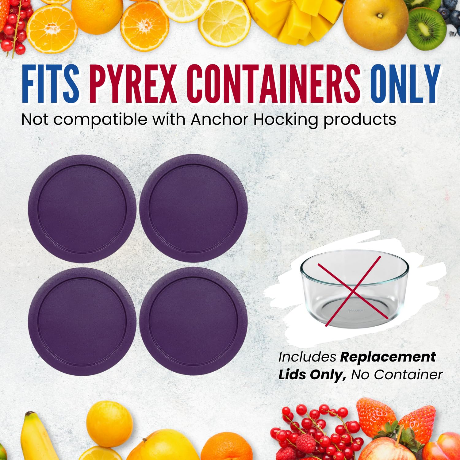 Replacement Lid for Pyrex 6" Storage Plastic Cover 4 Cup Bowl 7201-PC Purple (4-Pack)