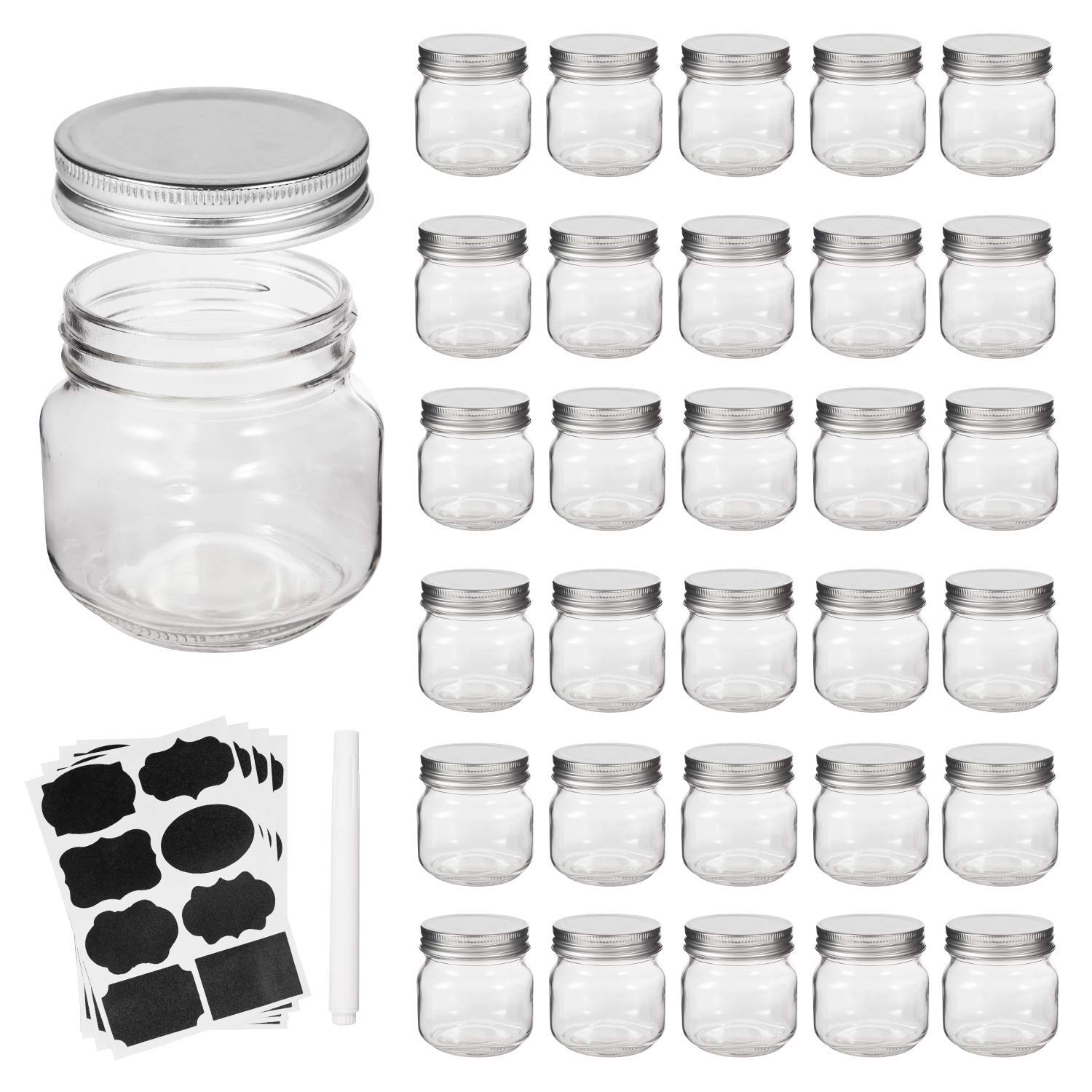 Accguan Mason Jars, glass jar 8OZ With Regular Lids and Bands(Silver), Ideal for Jam, Honey, Wedding Favors, Shower Favors, 30 PACK