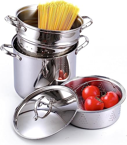 Cooks Standard Pasta Pot 18/10 Stainless Steel 12 Quart, Spaghetti Cooker Steamer Stock Pot Multipots with Strainer Insert, Stainless Steel Lid, 4-Piece Set