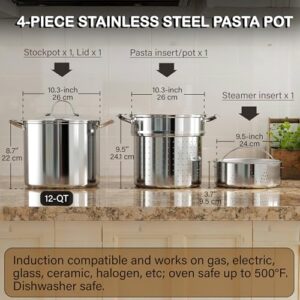 Cooks Standard Pasta Pot 18/10 Stainless Steel 12 Quart, Spaghetti Cooker Steamer Stock Pot Multipots with Strainer Insert, Stainless Steel Lid, 4-Piece Set