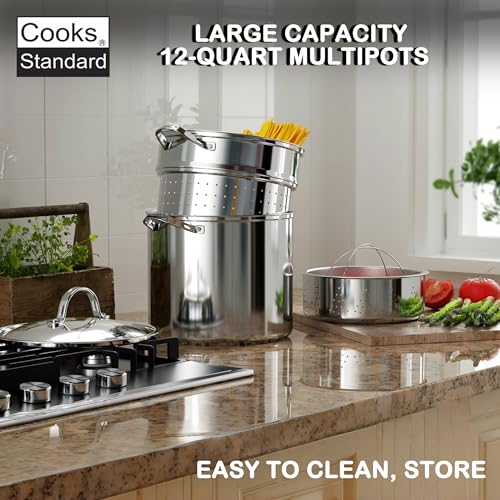 Cooks Standard Pasta Pot 18/10 Stainless Steel 12 Quart, Spaghetti Cooker Steamer Stock Pot Multipots with Strainer Insert, Stainless Steel Lid, 4-Piece Set