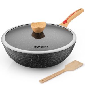 itsmillers chinese wok die-casting nonstick wok scratch resistant with lid and spatula, pfoa-free,dishwasher safe & induction bottom 12.5 inch,6l