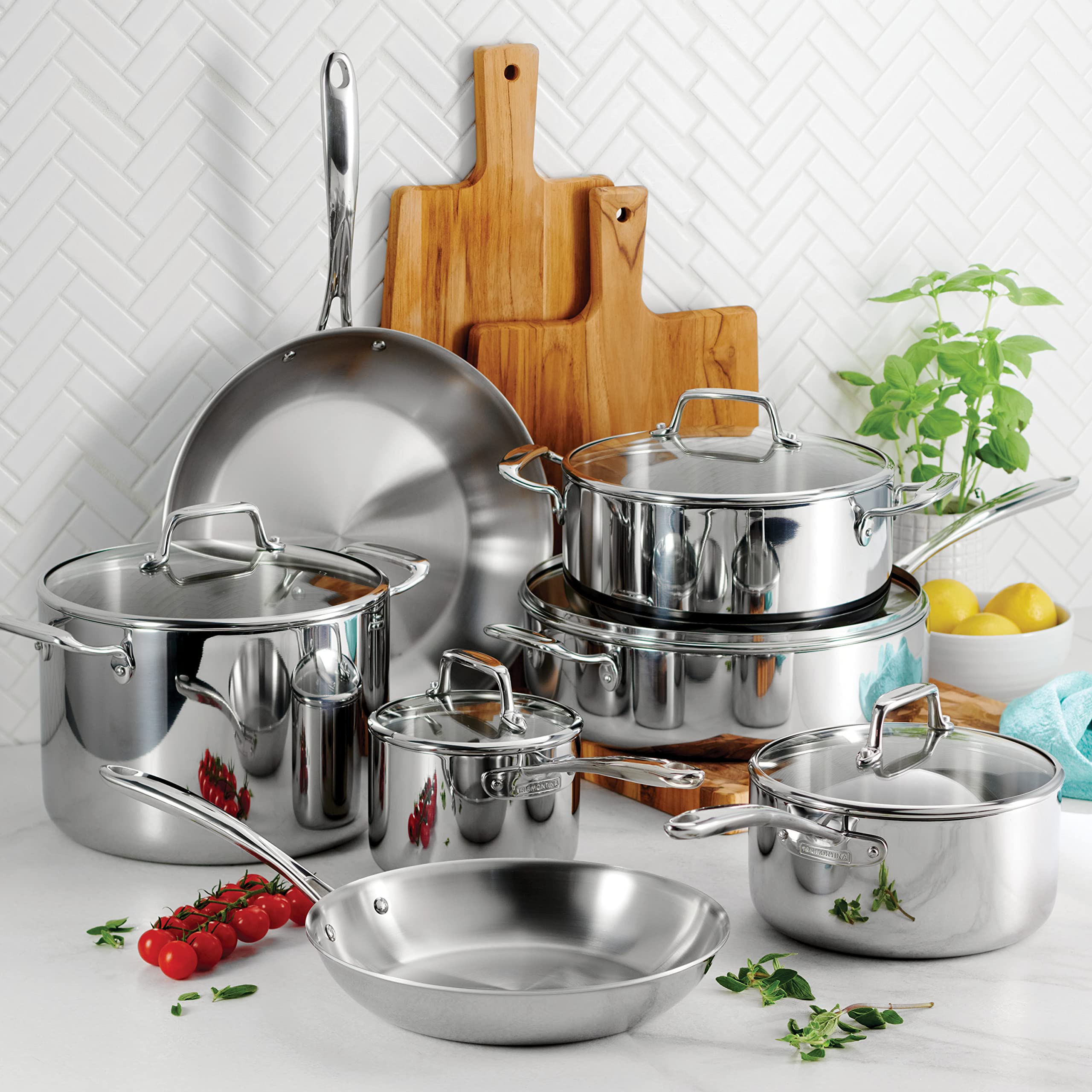 Tramontina Stainless Steel Tri-Ply Clad 12-Piece Cookware Set, Glass Lids, 80116/1012DS