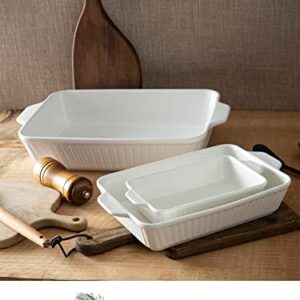 DOWAN Casserole Dishes for Oven, Ceramic Baking Dishes for Oven Set of 3, Lasagna Pan Deep, Baking Pan Set Rectangular Casserole Dish Set with Handles for Baking, White (15.6''/12.2''/8.9'')