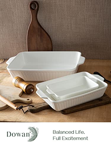 DOWAN Casserole Dishes for Oven, Ceramic Baking Dishes for Oven Set of 3, Lasagna Pan Deep, Baking Pan Set Rectangular Casserole Dish Set with Handles for Baking, White (15.6''/12.2''/8.9'')