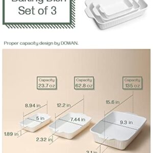 DOWAN Casserole Dishes for Oven, Ceramic Baking Dishes for Oven Set of 3, Lasagna Pan Deep, Baking Pan Set Rectangular Casserole Dish Set with Handles for Baking, White (15.6''/12.2''/8.9'')