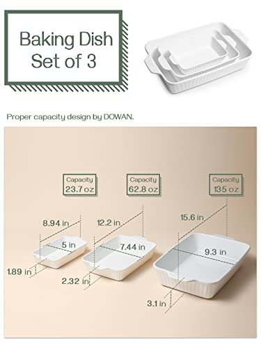 DOWAN Casserole Dishes for Oven, Ceramic Baking Dishes for Oven Set of 3, Lasagna Pan Deep, Baking Pan Set Rectangular Casserole Dish Set with Handles for Baking, White (15.6''/12.2''/8.9'')