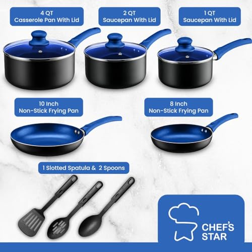 Chef's Star Pots And Pans Set Kitchen Cookware Sets Nonstick Aluminum Cooking Essentials 11 Pieces Blue