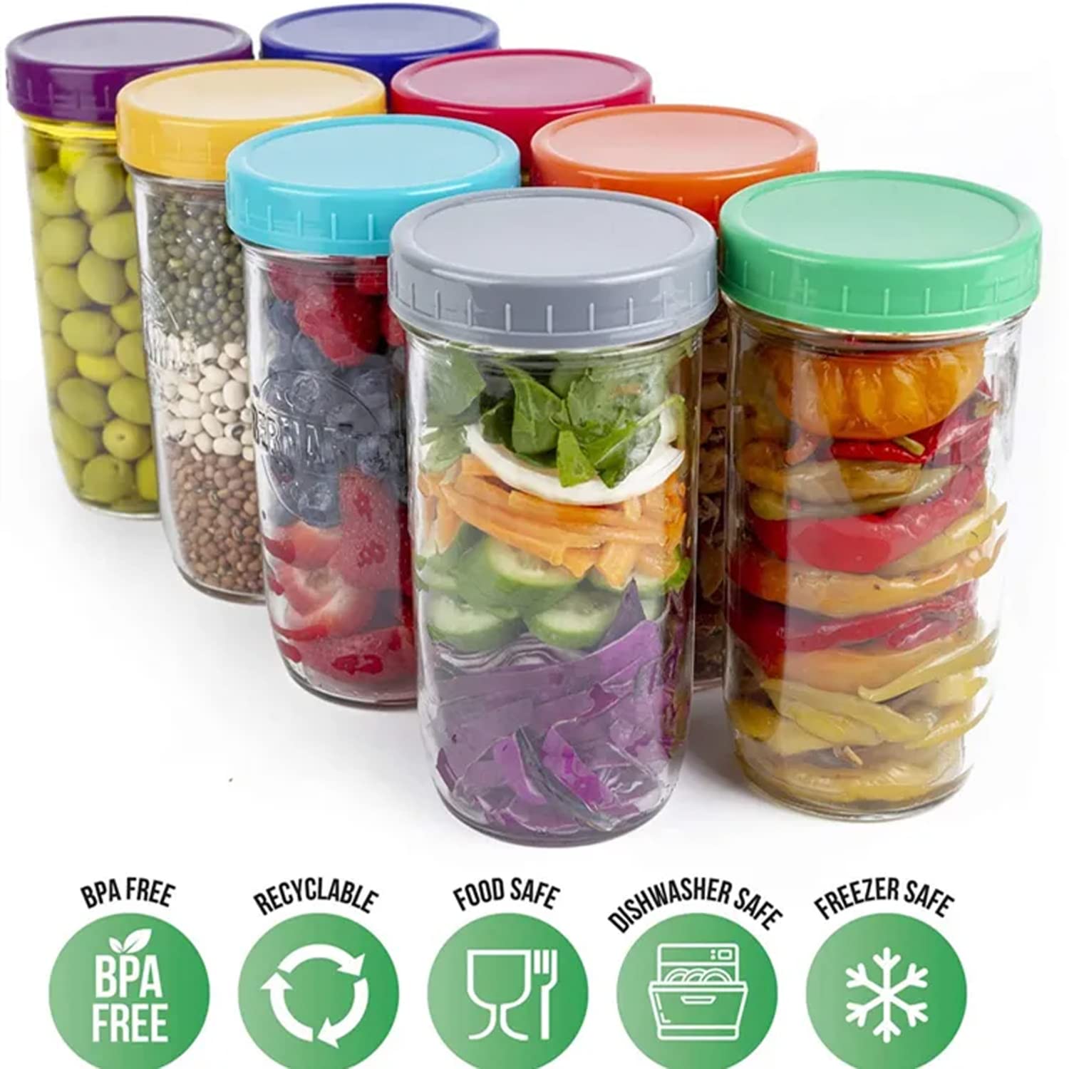 Mason Jar Lids - Compatible with Ball, Kerr, and Other Brands - Vibrant Colored Plastic Caps for Canning and Storage Jars - Airtight and Spill-Proof - Pack of 8 (Small/Regular - 2.75in)