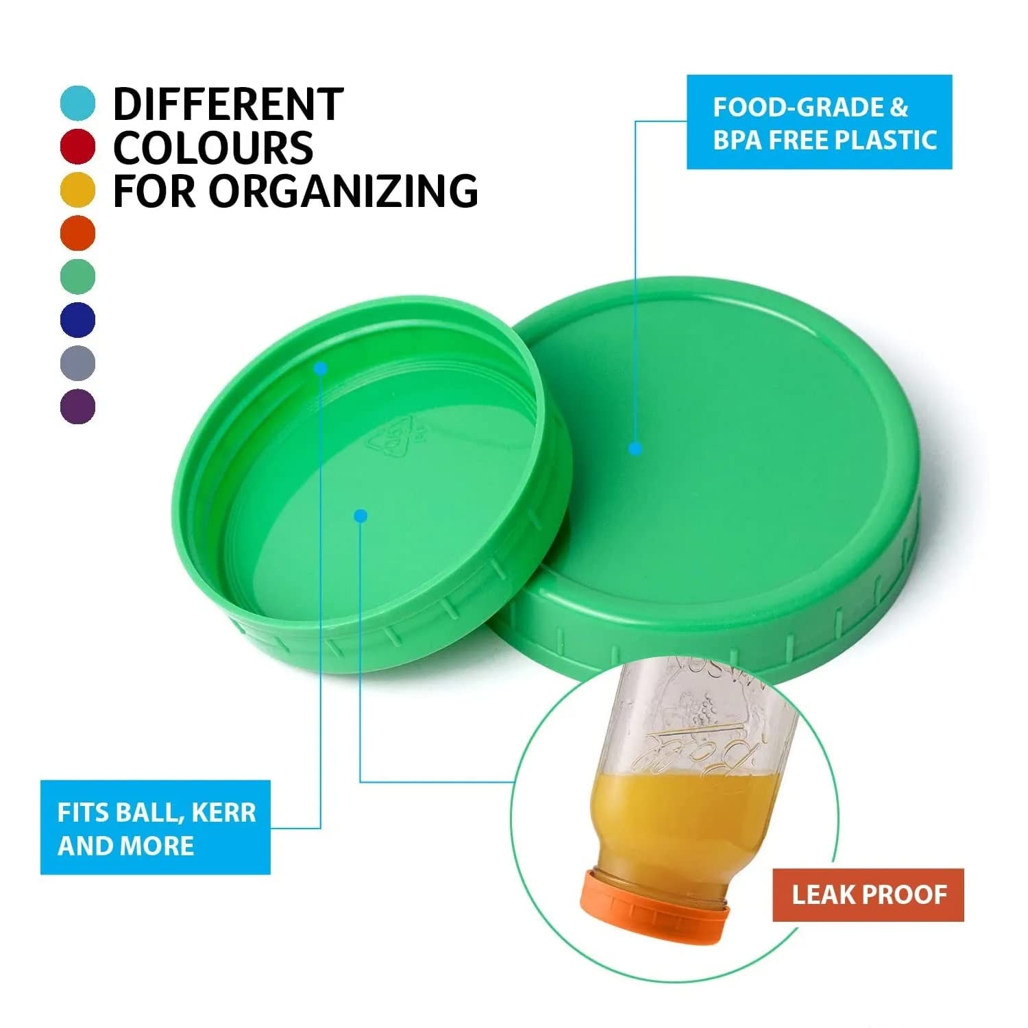Mason Jar Lids - Compatible with Ball, Kerr, and Other Brands - Vibrant Colored Plastic Caps for Canning and Storage Jars - Airtight and Spill-Proof - Pack of 8 (Small/Regular - 2.75in)