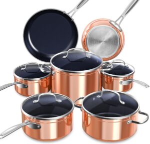 nuwave healthy duralon blue ceramic nonstick cookware set, diamond infused scratch-resistant, pfas free, dishwasher & oven safe, induction ready & evenly heats,tempered glass lids & stay-cool handles