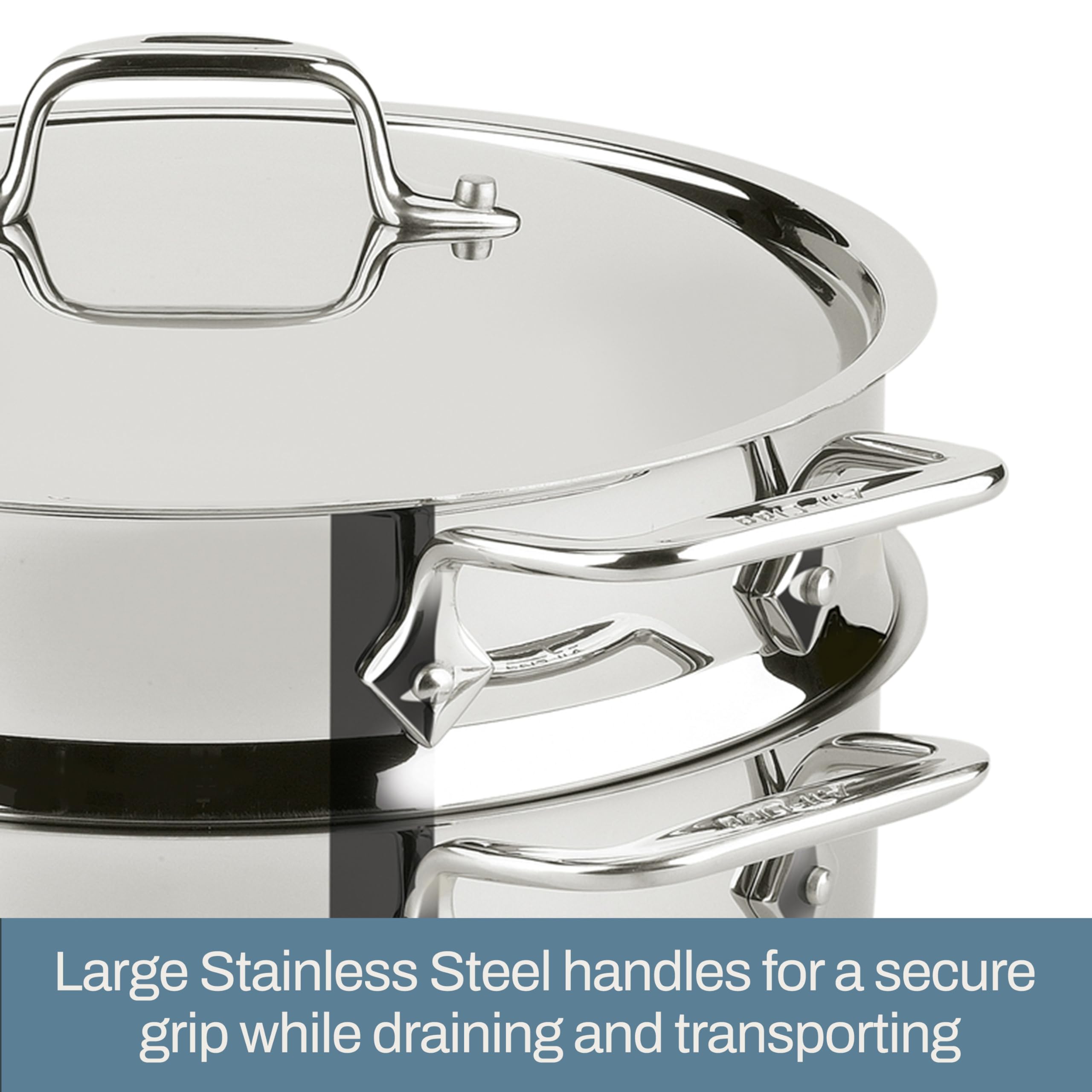 All-Clad Specialty Stainless Steel Stockpot, Multi-Pot with Strainer 3 Piece, 5 Quart Induction Oven Broiler Safe 600F Strainer, Pasta Strainer with Handle, Pots and Pans Silver