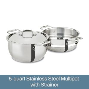 All-Clad Specialty Stainless Steel Stockpot, Multi-Pot with Strainer 3 Piece, 5 Quart Induction Oven Broiler Safe 600F Strainer, Pasta Strainer with Handle, Pots and Pans Silver