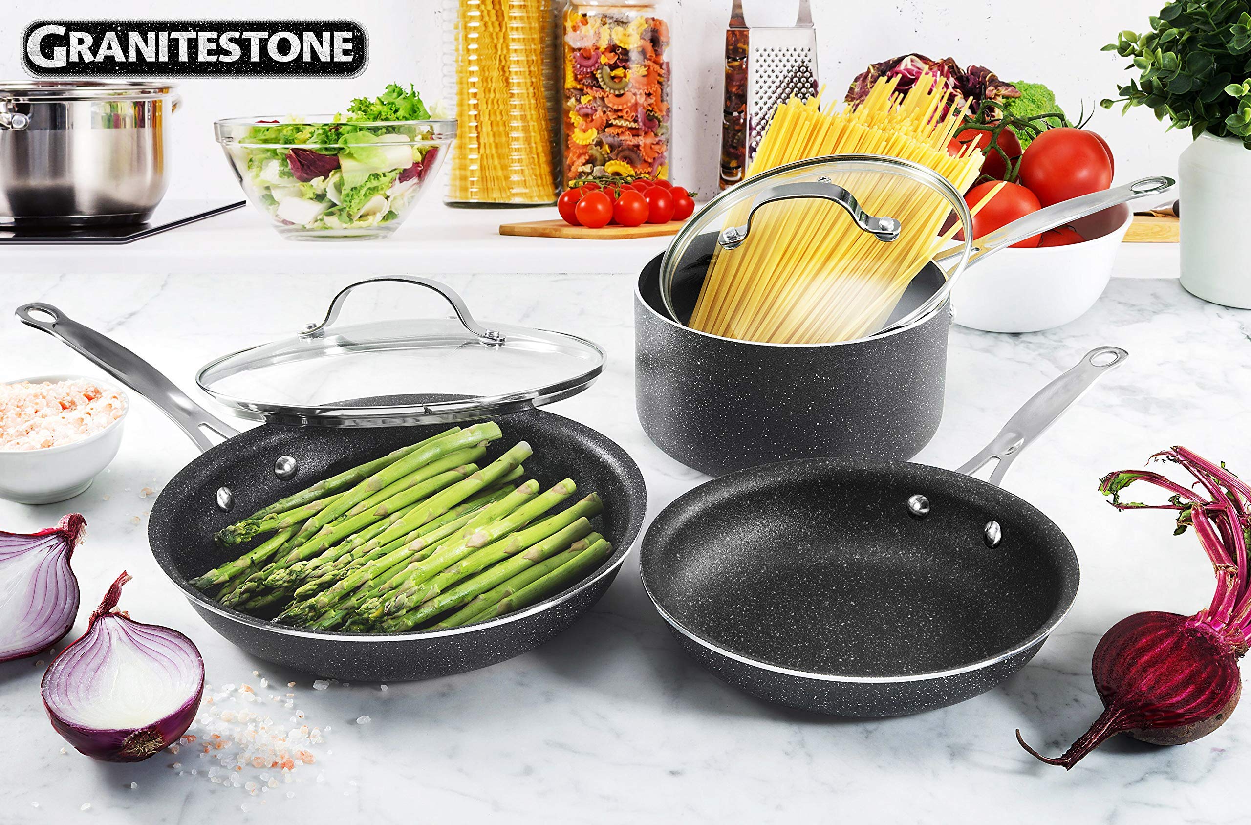 Granitestone Original 5-Piece Nonstick Cookware Set, Scratch-Resistant Pots and Pans, Granite-coated Anodized Aluminum, Dishwasher-Safe, PFOA-Free Kitchenware As Seen On TV