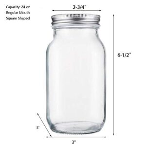 Jucoan 12 Pack 24 oz Glass Mason Jar Canning Jar with Silver Airtight Metal Lids, Regular Mouth Glass Jars for Preserving Fruits, Vegetables, Pickles, Tomato Juices and Sauces (Square Shape)