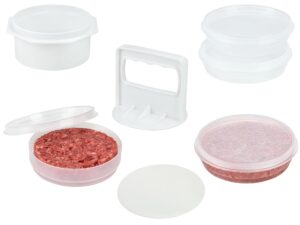 miles kimball hamburger press patty maker - 4 in1 burger mold patty press, 4 storage containers, 100 patty papers - essential hamburger patty maker tool for bbq - burger shaper for meat veggie patties