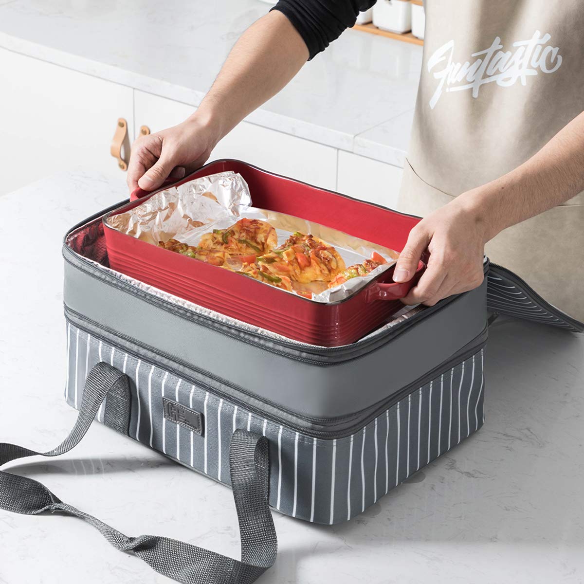 FE Casserole Carrier, Expandable Insulated Casserole Carriers for Hot or Cold Food, Lasagna Lugger for Parties, Fits 9" x 13" Baking Dish, Grey