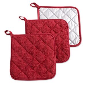 dii basic terry collection quilted 100% cotton, potholder, barn red, 3 piece