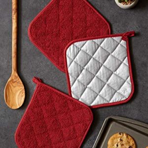 DII Basic Terry Collection Quilted 100% Cotton, Potholder, Barn Red, 3 Piece