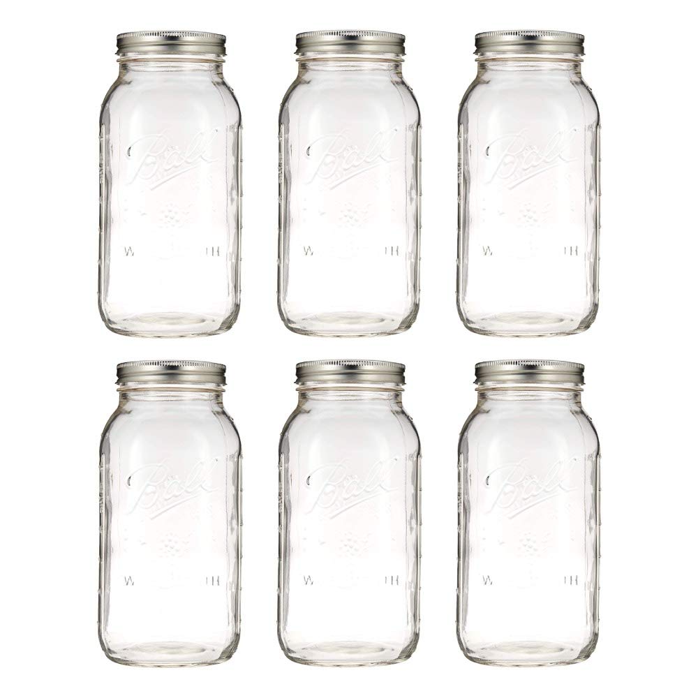 Ball Wide Mouth Half Gallon 64 Oz Jars with Lids and Bands, Set of 6, Clear