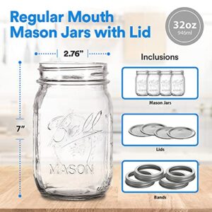 Regular Mouth Mason Jars 32 oz. (4 Pack) - Quart Size Jars with Airtight Lids and Bands for Canning, Fermenting, Pickling, or DIY Decors and Projects - Bundled with Jar Opener