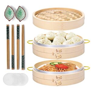 macario bamboo steamer basket set 10 inch steamer for cooking, with side handles chopsticks ceramic sauce dishes paper liners, for dim sum dumplings buns seafoods rice asian foods
