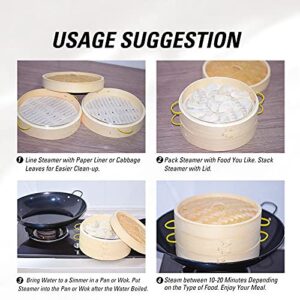 MacaRio Bamboo Steamer Basket Set 10 inch Steamer for Cooking, with Side Handles Chopsticks Ceramic Sauce Dishes Paper Liners, for Dim Sum Dumplings Buns Seafoods Rice Asian Foods