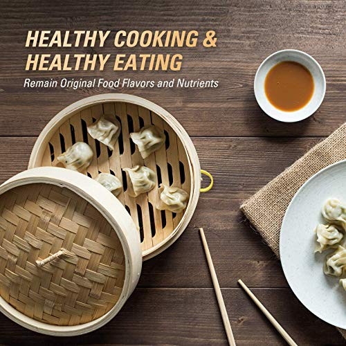 MacaRio Bamboo Steamer Basket Set 10 inch Steamer for Cooking, with Side Handles Chopsticks Ceramic Sauce Dishes Paper Liners, for Dim Sum Dumplings Buns Seafoods Rice Asian Foods