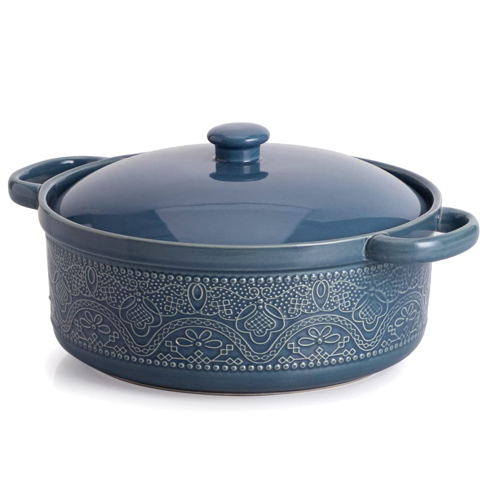 FUN ELEMENTS Lace Emboss Casserole Dish with Lid, 2 Quart Oven to Table Ceramic Round Serving Dish with Handles for Dinner and Party(Grayish Blue)