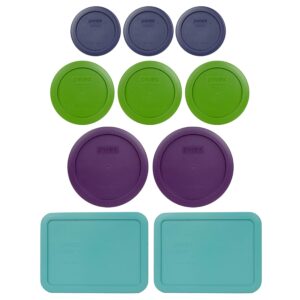 pyrex bundle - 10 items: (3) 7202-pc dark blue lids & (3) 7200-pc lawn green lids & (2) 7201-pc purple lids & (2) 7210-pc turquoise lids made in the usa