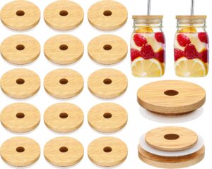 70mm bamboo jar lids with straw hole for glass cups reusable wooden mason jar lids bulk for beer can cups, 2.76 inch canning lids with silicone ring for regular mouth drinking jars(20 pieces)