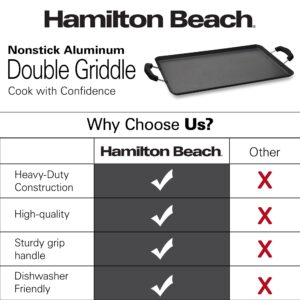 Hamilton Beach Nonstick Double Griddle 19x11-Inch - Black Aluminum Griddle with Soft Touch Bakelite Handle - Flared Edge - Spiral Bottom, Easy to Clean, Multipurpose Use - Durable & Dishwasher Safe