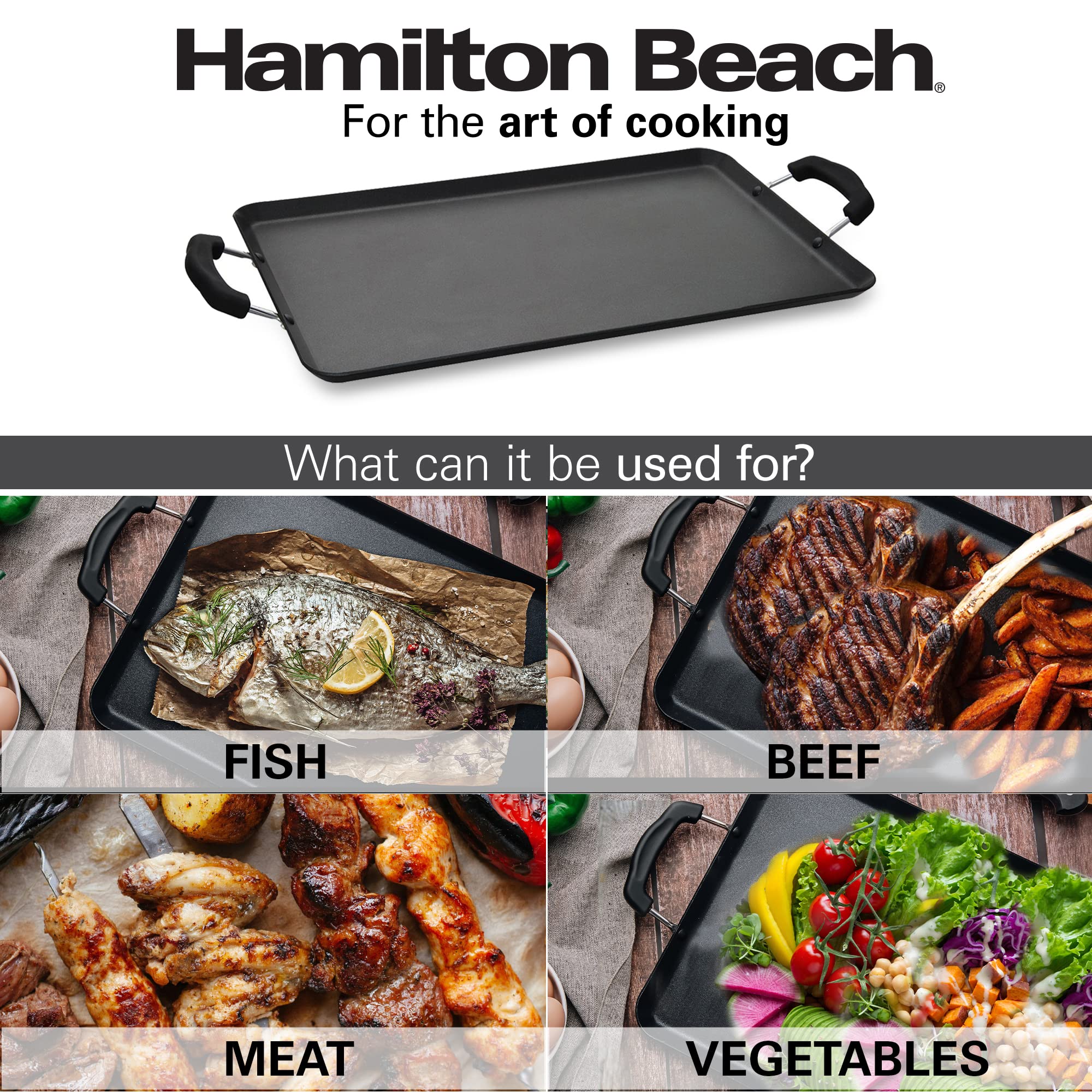 Hamilton Beach Nonstick Double Griddle 19x11-Inch - Black Aluminum Griddle with Soft Touch Bakelite Handle - Flared Edge - Spiral Bottom, Easy to Clean, Multipurpose Use - Durable & Dishwasher Safe