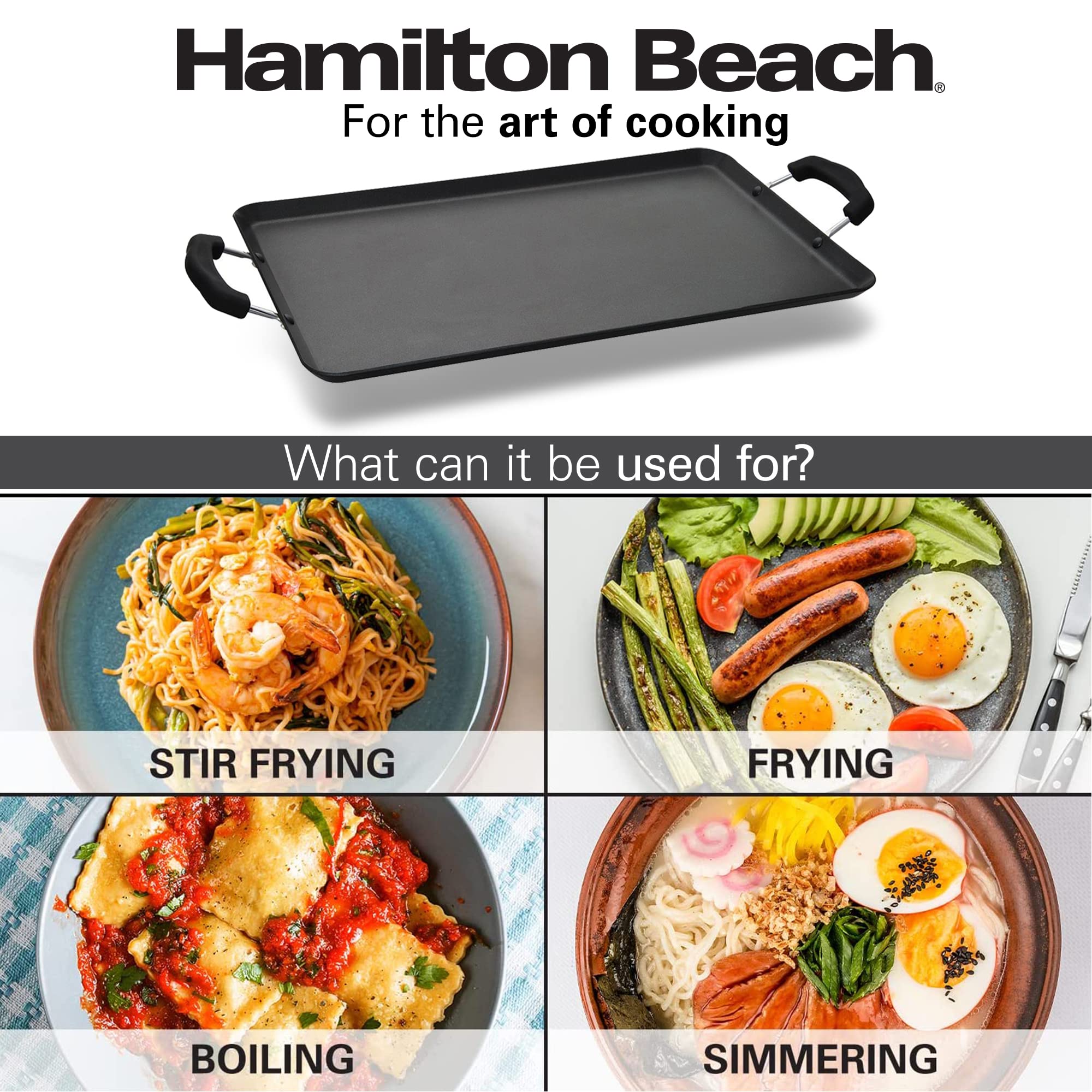 Hamilton Beach Nonstick Double Griddle 19x11-Inch - Black Aluminum Griddle with Soft Touch Bakelite Handle - Flared Edge - Spiral Bottom, Easy to Clean, Multipurpose Use - Durable & Dishwasher Safe