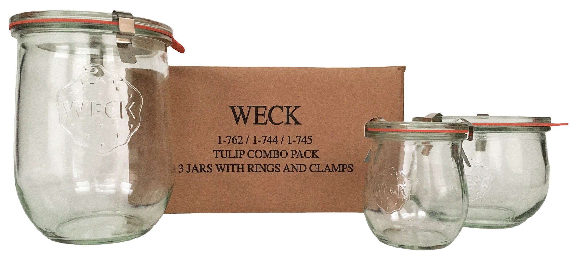 Weck Tulip Jar Combo Pack- (1) 762, (1) 744, (1) 745, (3) glass lids, (3) rubber rings and (6) clamps