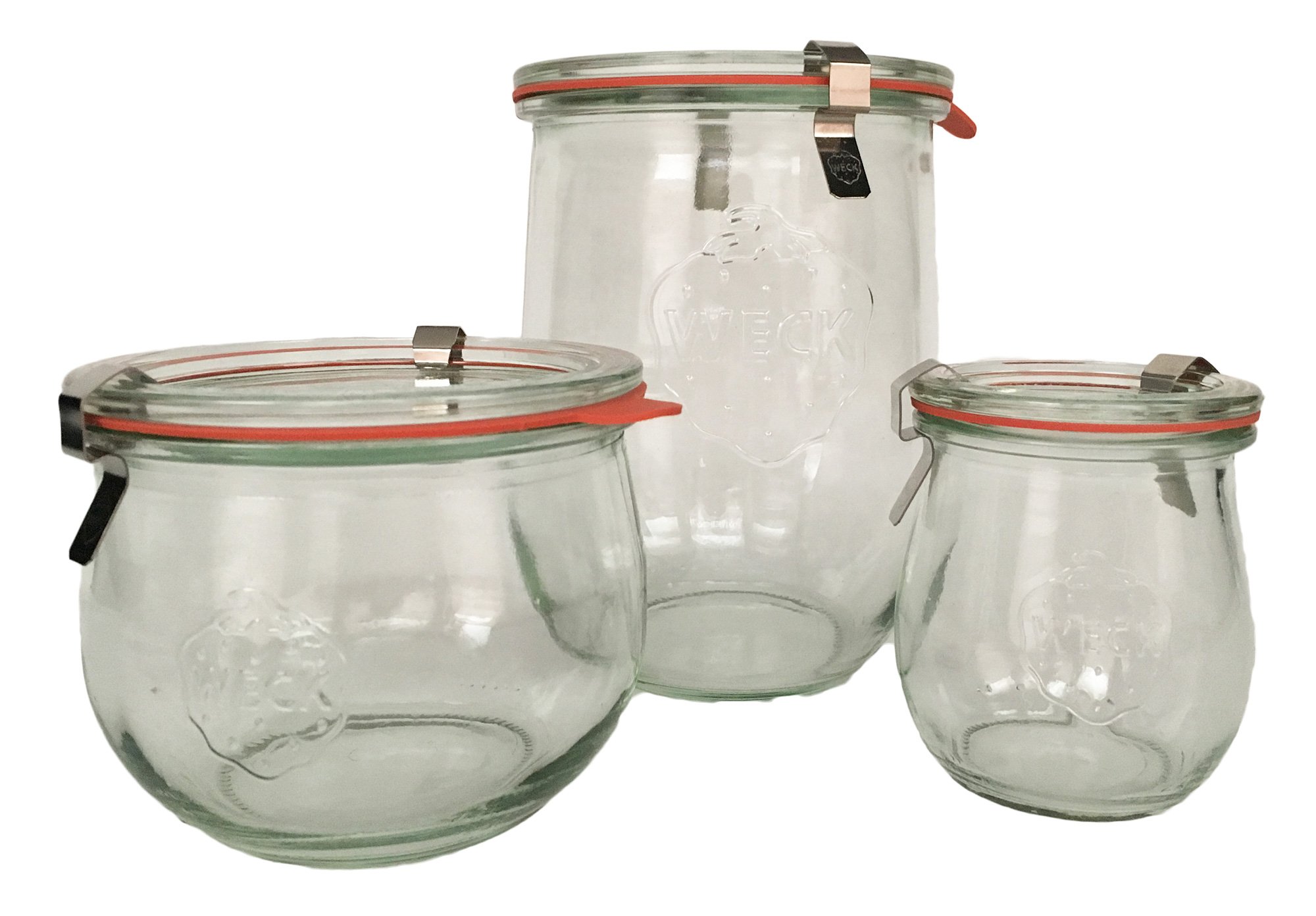 Weck Tulip Jar Combo Pack- (1) 762, (1) 744, (1) 745, (3) glass lids, (3) rubber rings and (6) clamps