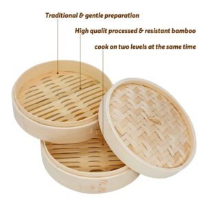 ONETANG 10 Inch Bamboo Steamer Basket, 2 Tier Steamer for Cooking, 20 Paper Liners, Perfect For Dim Sum, Chicken, Fish, Veggies, Natural Handmade Weaver, Eco-Friendly Gift Box (Holiday Gifts)