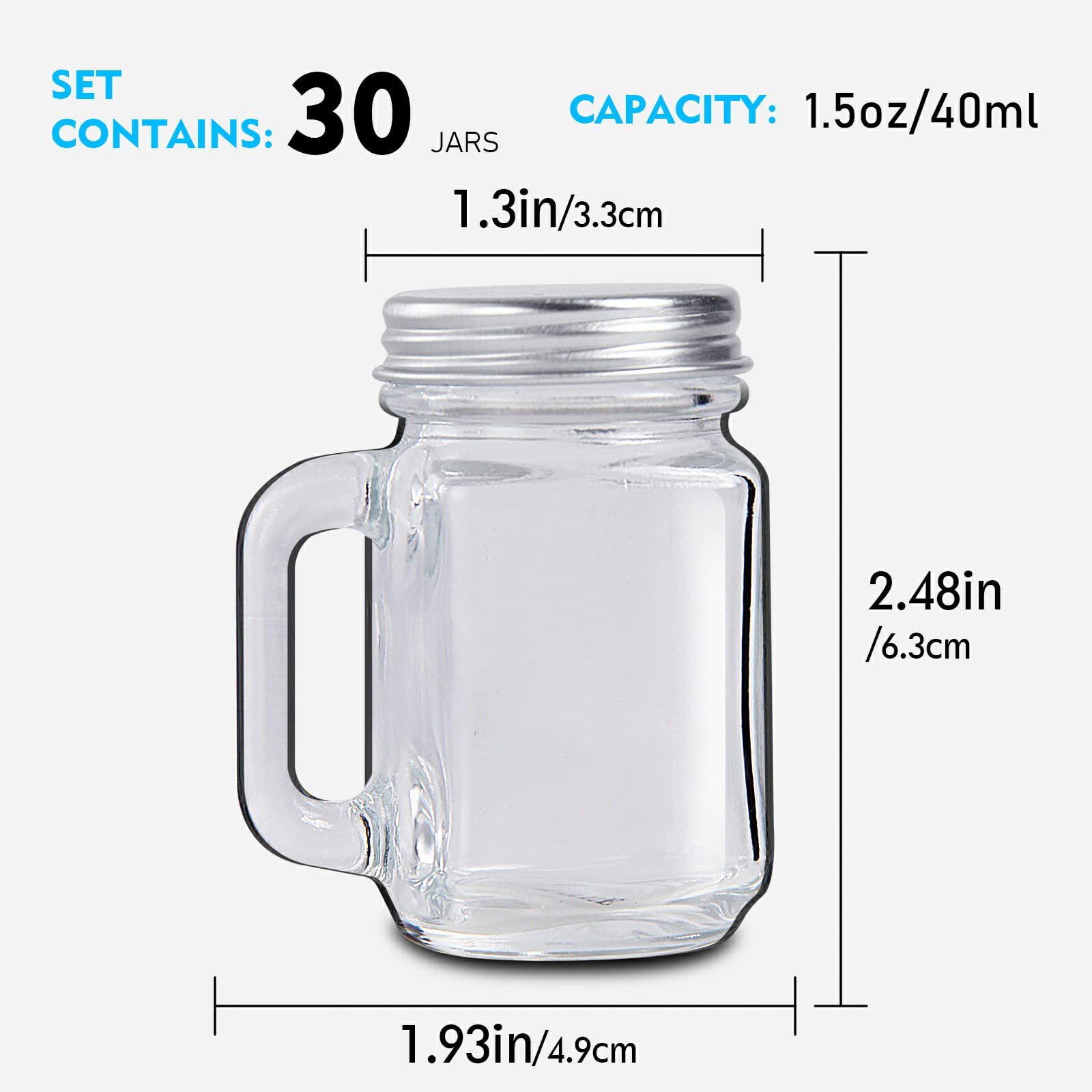 DESIYUE 1.5oz-30 Pack Mini Glass Mason Jars Set with Silver Lids & Handles, Small Favor Jars, Food Storage Containers for Weddings, Decoration, Parties, DIY, Spices, Holiday Crafts