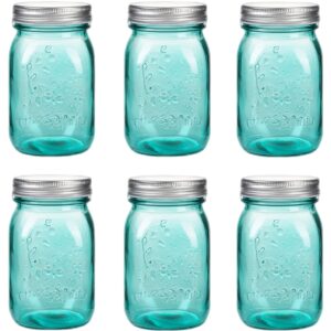 16 oz teal mason jars with lids，regular mouth canning jar, 6 pack multifunction glass container, for storage, canning, pickling, preserving, fermenting, diy crafts & decor