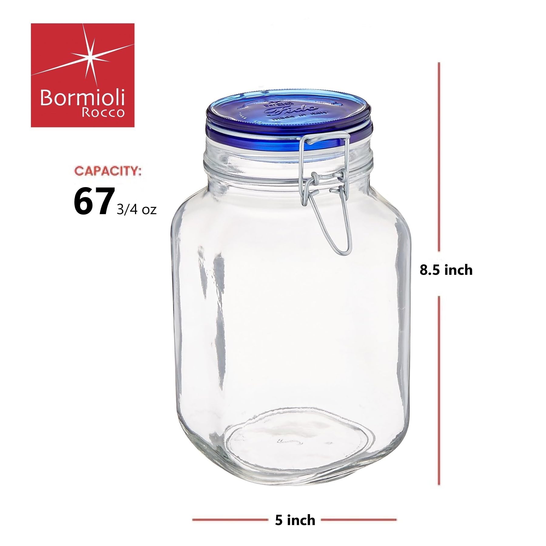 Bormioli Rocco Fido Square Jar with Blue Lid, 67.5-Ounce