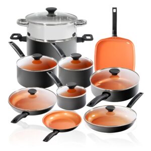gotham steel pro 17 piece pots and pans set nonstick cookware set, complete hard anodized ultra durable ceramic cookware set for kitchen, stovetop/dishwasher safe, 100% healthy and non toxic