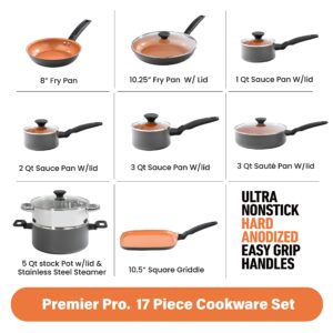 Gotham Steel Pro 17 Piece Pots and Pans Set Nonstick Cookware Set, Complete Hard Anodized Ultra Durable Ceramic Cookware Set for Kitchen, Stovetop/Dishwasher Safe, 100% Healthy and Non Toxic