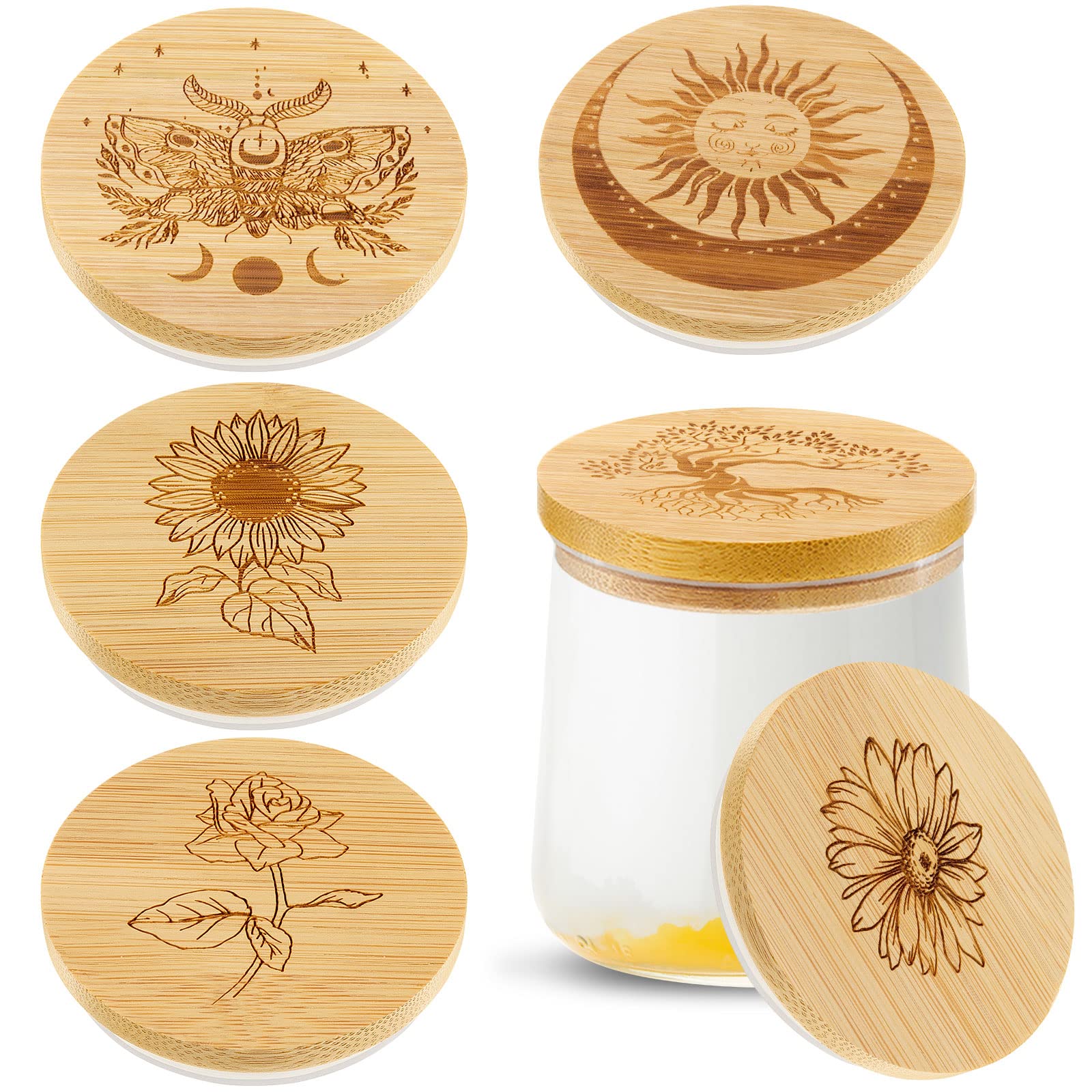 Tessco 6 Packs Yogurt Jar Lids Set Bamboo Wood for Jars Reusable Lid with Silicone Sealing Rings and Different Patterns Compatible Oui Glass Containers