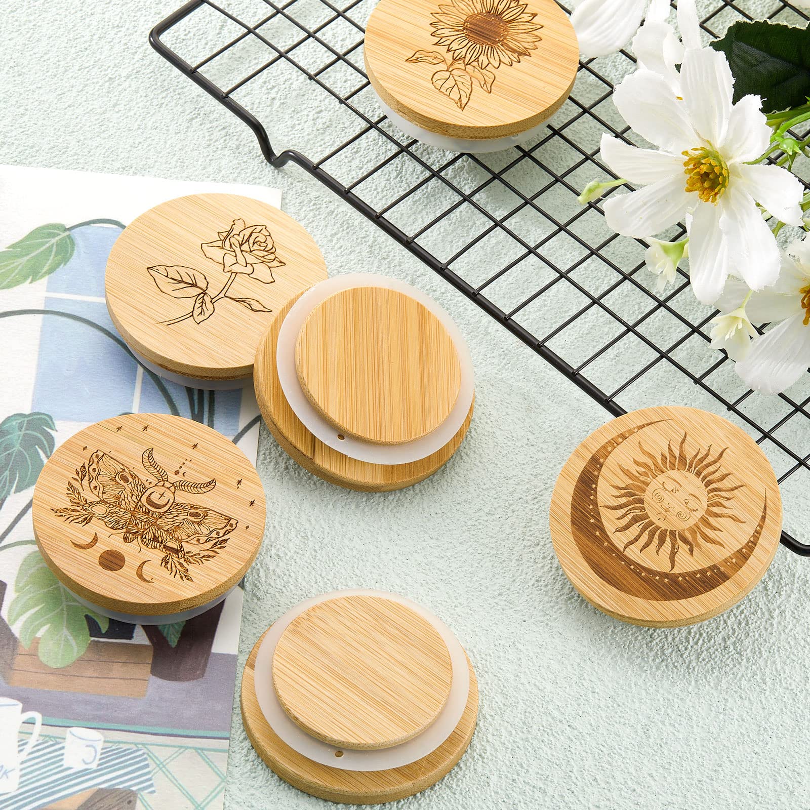 Tessco 6 Packs Yogurt Jar Lids Set Bamboo Wood for Jars Reusable Lid with Silicone Sealing Rings and Different Patterns Compatible Oui Glass Containers