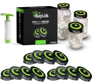burp lids 12 pack curing kit - fits all wide mouth mason jar containers - a home harvesting essential. 12 lids + extraction pump. vacuum sealed for successful cure.