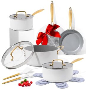 white and gold pots and pans 15 pc set - premium heavy gauge nonstick, non toxic, pfoa free, oven and dishwasher safe, induction compatible cookware set - gold kitchen accessories