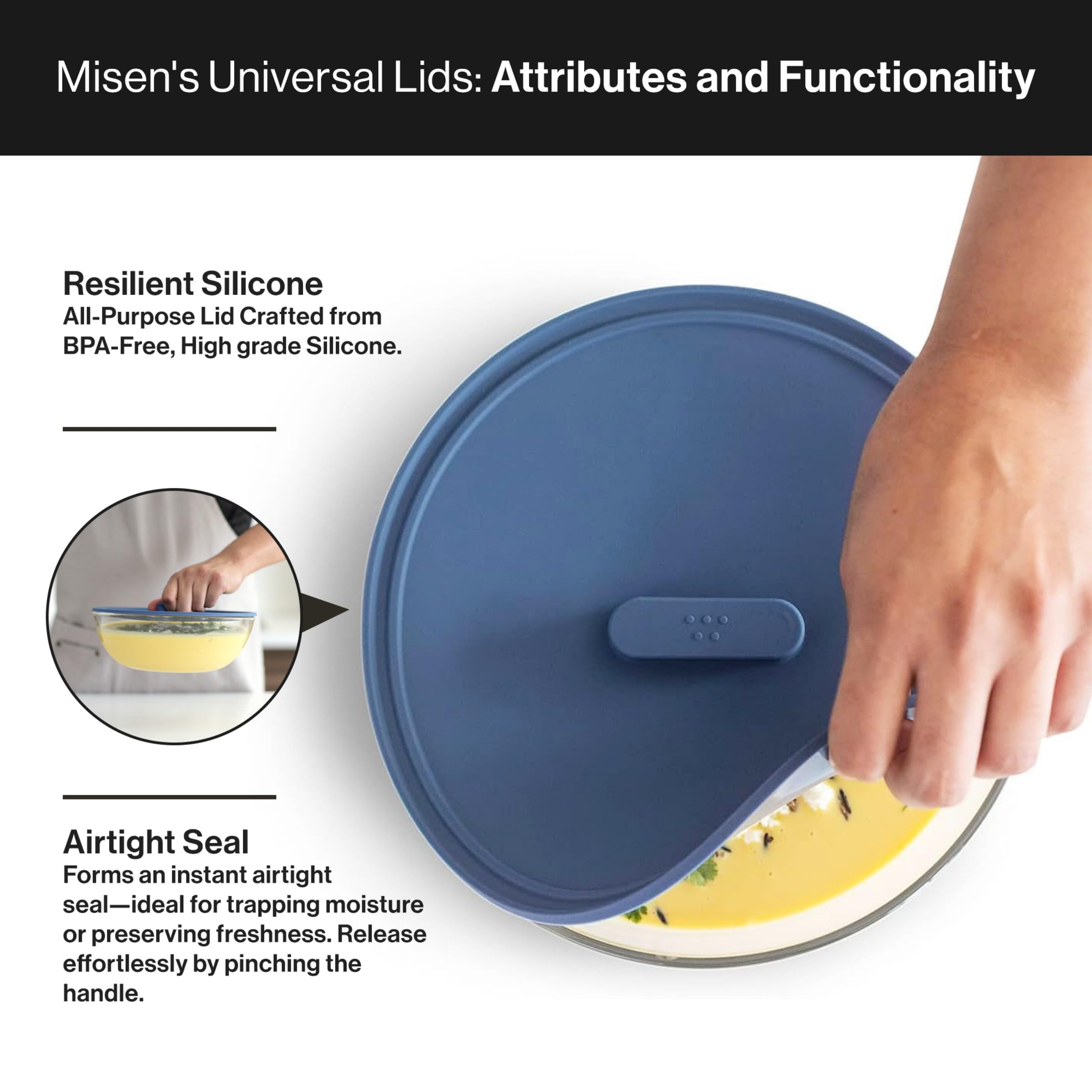 Misen Universal Silicone Lid - Flexible Pots, Bowls & Pans Cover - Kitchen Essential for Every Home - Airtight Seal - Frying & Cooking -10 Inch